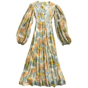 Vintage Floral Maxi Midi Plunge V Neck Puff Sleeve Dress Tie Waist  5 XS S